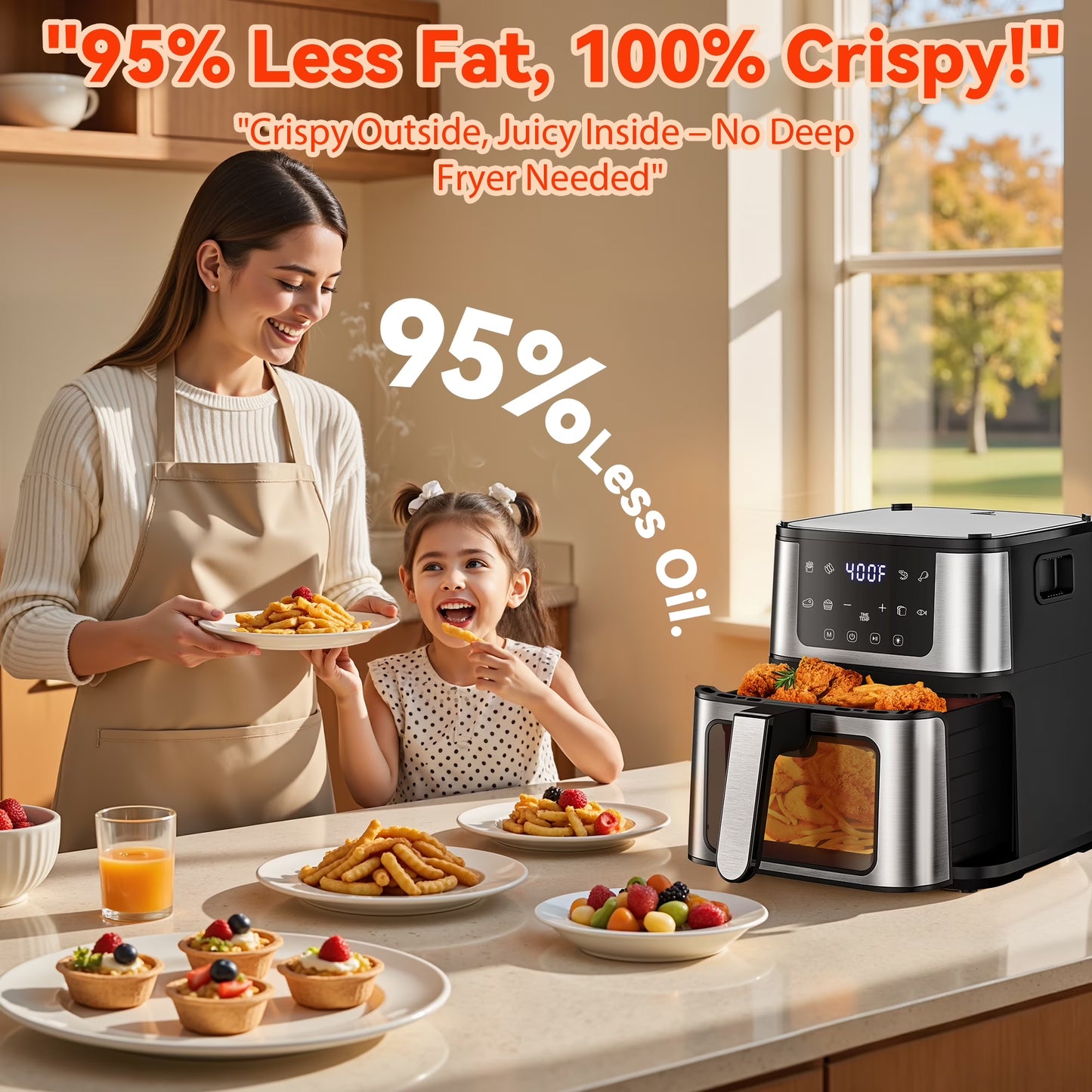 2-In-1 Air Fryer 7.5 QT Large Capacity Digital Hot Air Oven with Window & Light, Family Size Oil-Free Air Fryer with 8 Presets, Nonstick Easy Clean Basket, 100 Liners, Black
