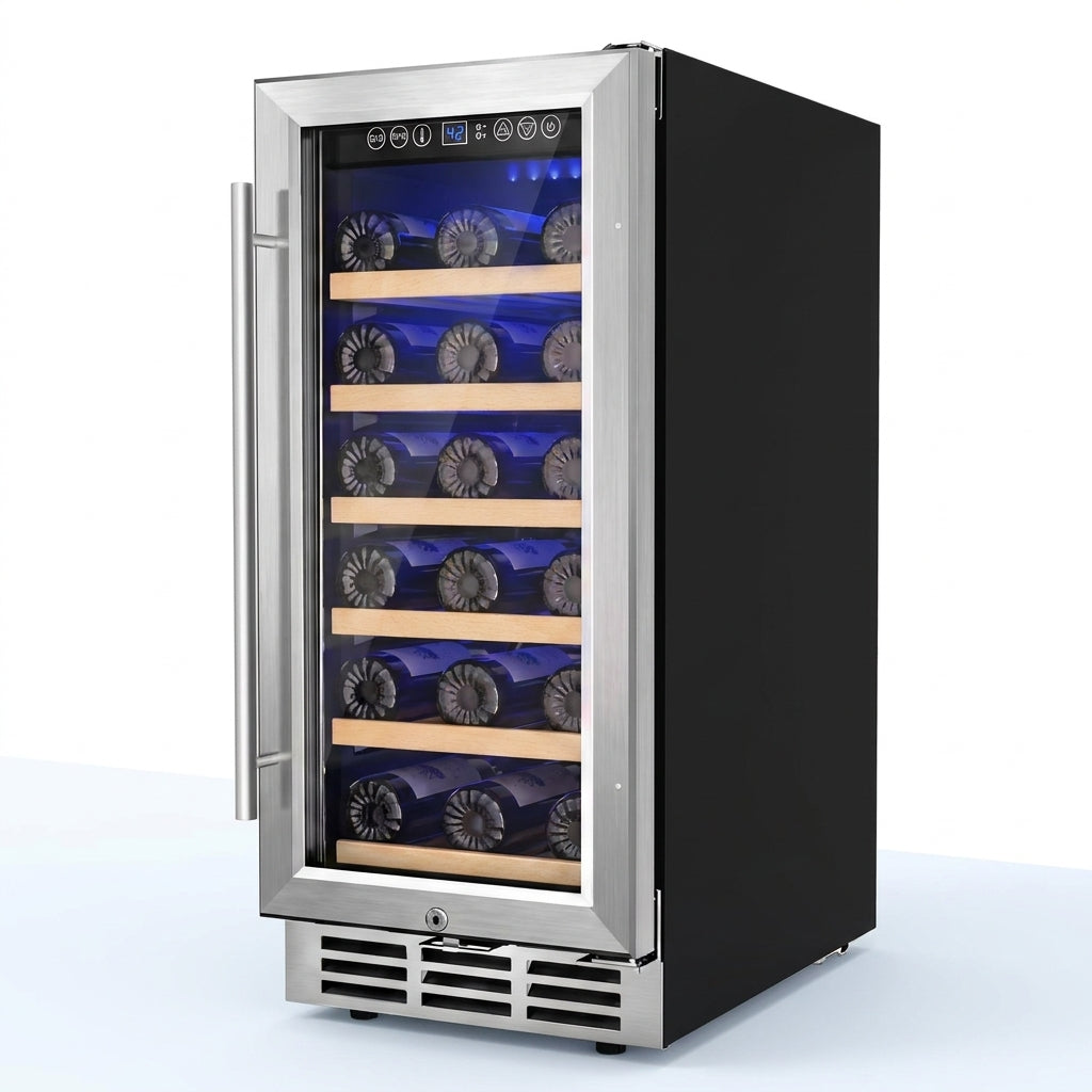 15 In. Single Zone 30-Wine Bottles Beverage and Wine Cooler Wine Cooler in Black — Studio Shot