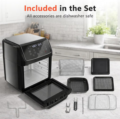 12 QT Air Fryer Toaster Oven, View Windows and Timer with 10 Preset Cooking Modes, MAX 400℉ for Crispy, 85% Less Oil, Fast Roast, Preheat, Shake, Bake