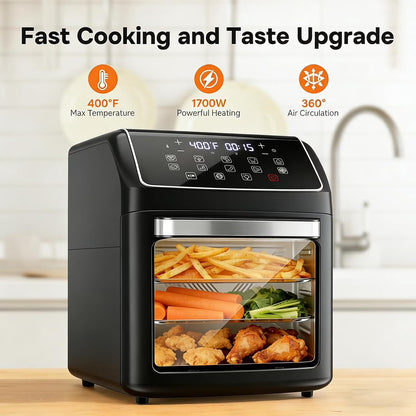 12 QT Air Fryer Toaster Oven, View Windows and Timer with 10 Preset Cooking Modes, MAX 400℉ for Crispy, 85% Less Oil, Fast Roast, Preheat, Shake, Bake