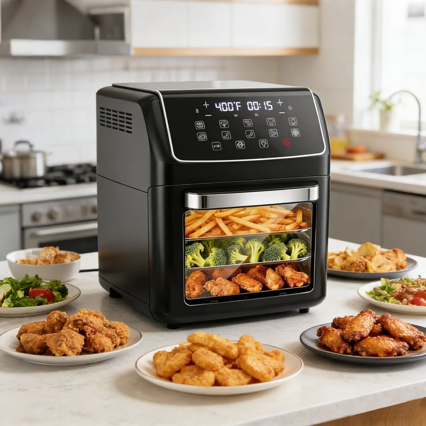 12 QT Air Fryer Toaster Oven, View Windows and Timer with 10 Preset Cooking Modes, MAX 400℉ for Crispy, 85% Less Oil, Fast Roast, Preheat, Shake, Bake