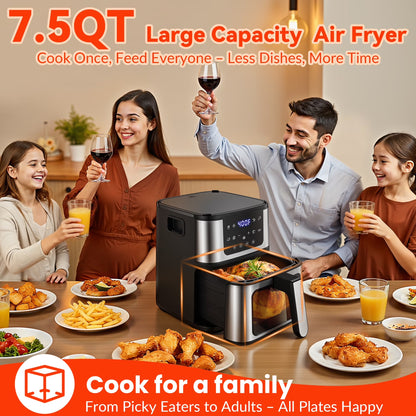 2-In-1 Air Fryer 7.5 QT Large Capacity Digital Hot Air Oven with Window & Light, Family Size Oil-Free Air Fryer with 8 Presets, Nonstick Easy Clean Basket, 100 Liners, Black